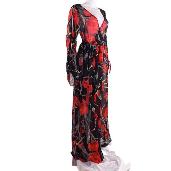 Fashion Nova | Sheer Floral Long Sleeve Surplice Maxi Dress w/ Bodysuit | Size L - Picture 6 of 7